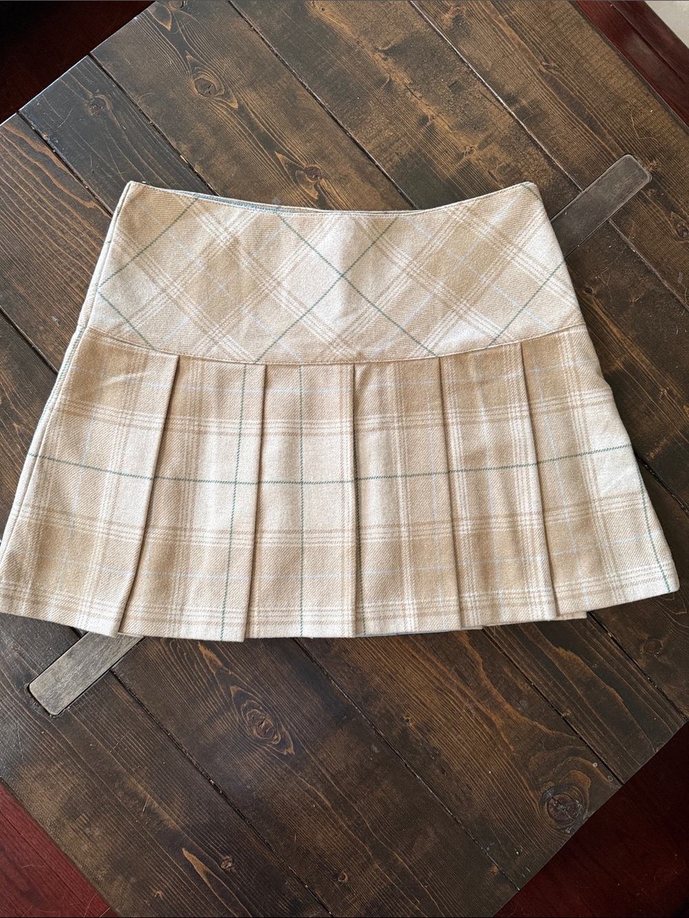 GAP Wool Pleated Skirt in Cream Plaid with Baby Blue and Forest Green